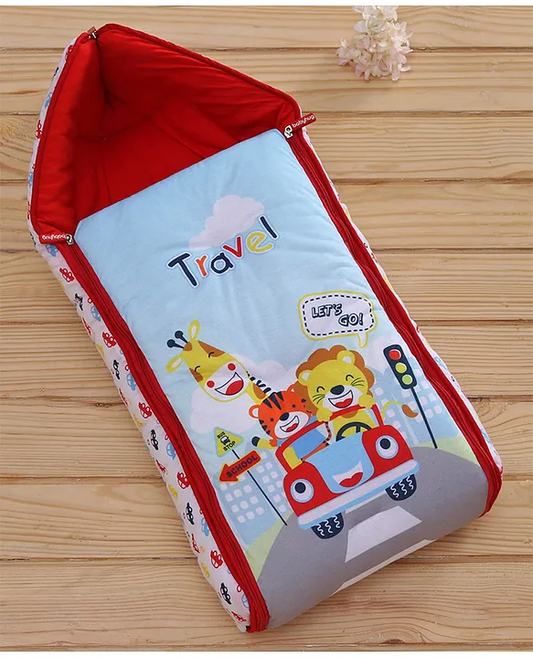 Red and Light Blue Baby Sleeping Bag with Hood  and Zip