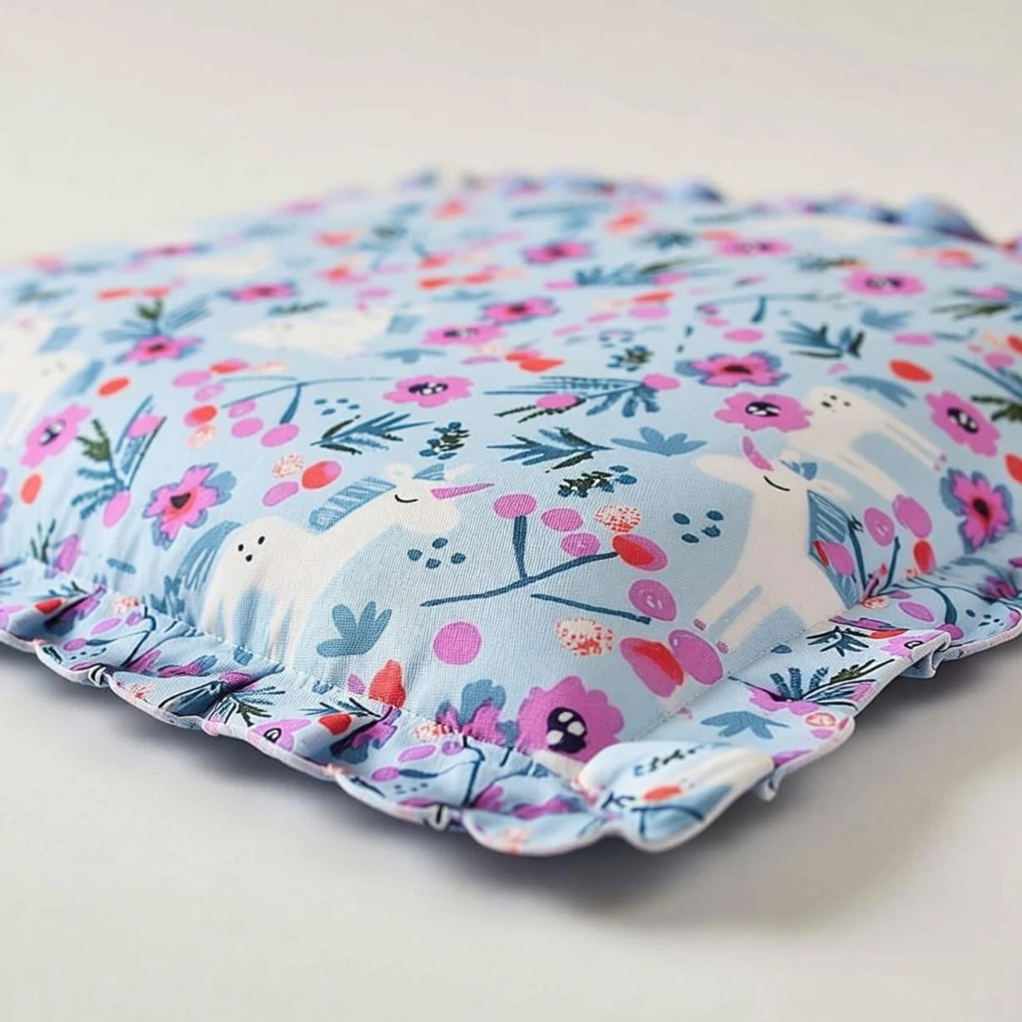 Blue Unicorn Cotton Floral Print Mustard Seed Baby Pillow with Ruffled Border