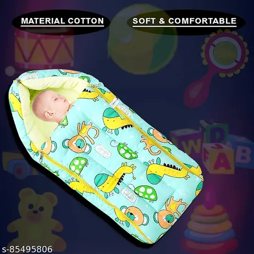 Aqua Blue and Pale Yellow Cotton Baby Sleeping Bag with Hood and Zip