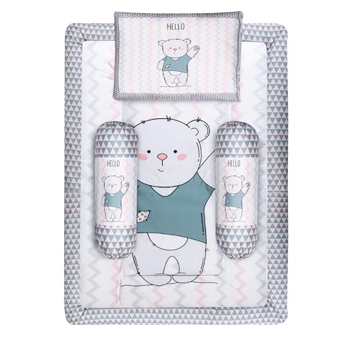 Grey, Pink, and White Cotton Baby Bedding Set with Pillow and Bolsters