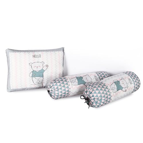 Grey, Pink, and White Cotton Baby Bedding Set with Pillow and Bolsters