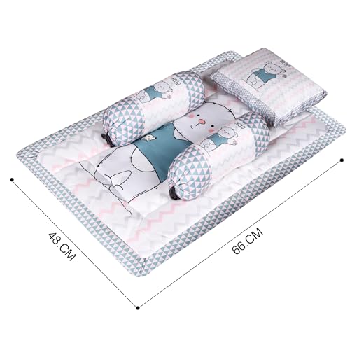 Grey, Pink, and White Cotton Baby Bedding Set with Pillow and Bolsters