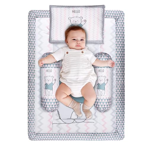 Grey, Pink, and White Cotton Baby Bedding Set with Pillow and Bolsters