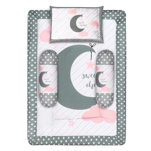 Grey and Pink Cotton Baby Bedding Set with Pillow and Bolsters