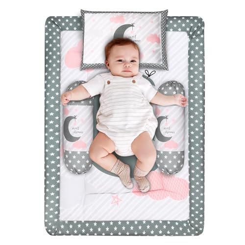 Grey and Pink Cotton Baby Bedding Set with Pillow and Bolsters
