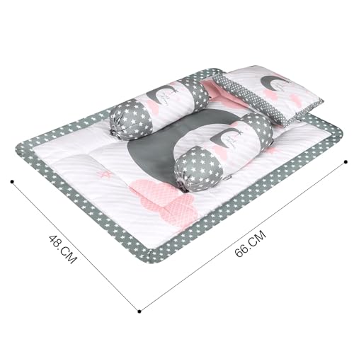 Grey and Pink Cotton Baby Bedding Set with Pillow and Bolsters