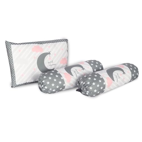 Grey and Pink Cotton Baby Bedding Set with Pillow and Bolsters