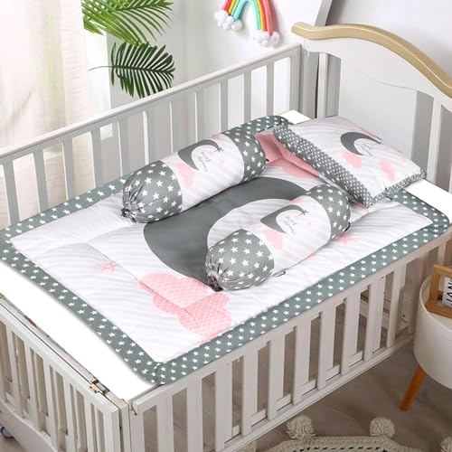 Grey and Pink Cotton Baby Bedding Set with Pillow and Bolsters
