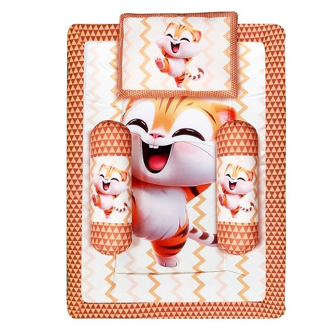 Orange and Off-White Cotton Baby Bedding Set with Pillow and Bolsters