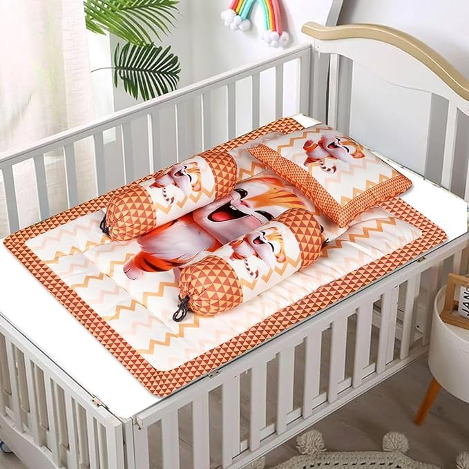 Orange and Off-White Cotton Baby Bedding Set with Pillow and Bolsters
