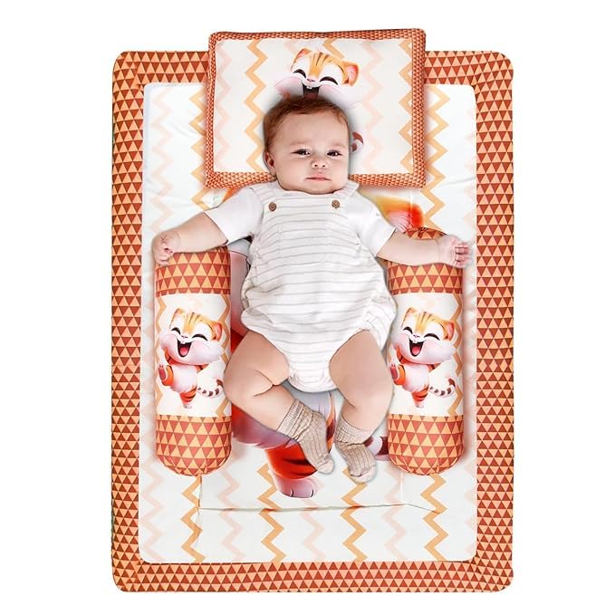 Orange and Off-White Cotton Baby Bedding Set with Pillow and Bolsters