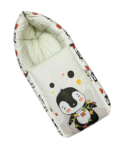 White and Off-White Cotton Baby Sleeping Bag with Hood and Zip