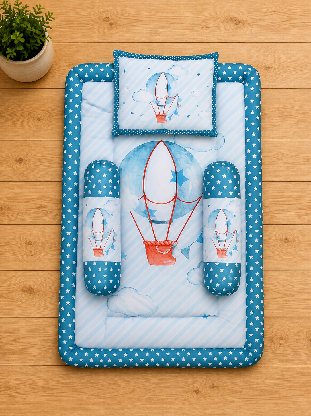 Teal and Light Blue Cotton Baby Bedding Set with Pillow and Bolsters
