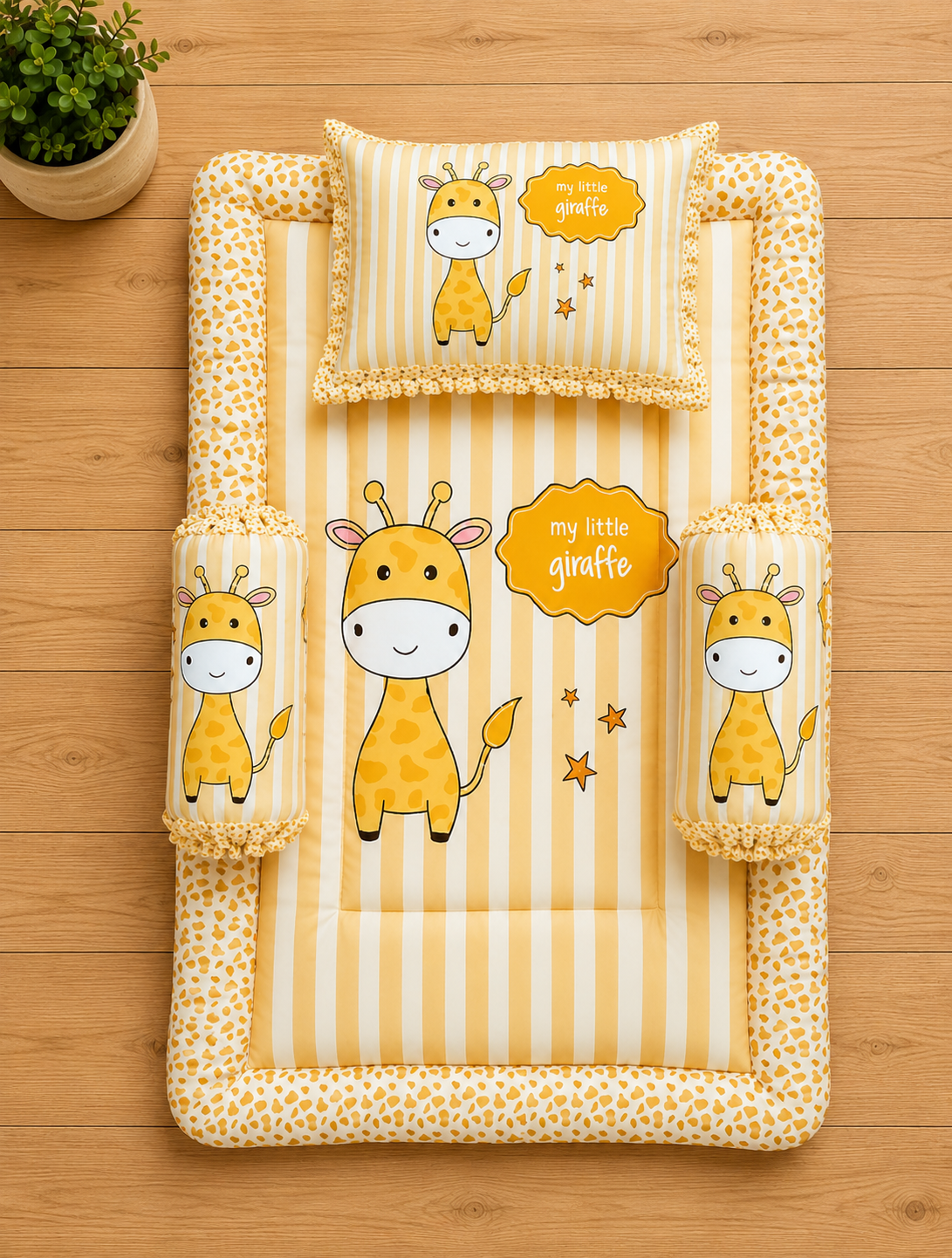 Yellow and Off-White Cotton Baby Bedding Set with Pillow and Bolsters