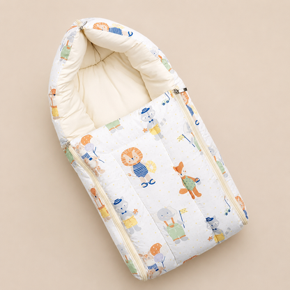 White and Cream Cotton Baby Sleeping Bag with Hood  and Zip