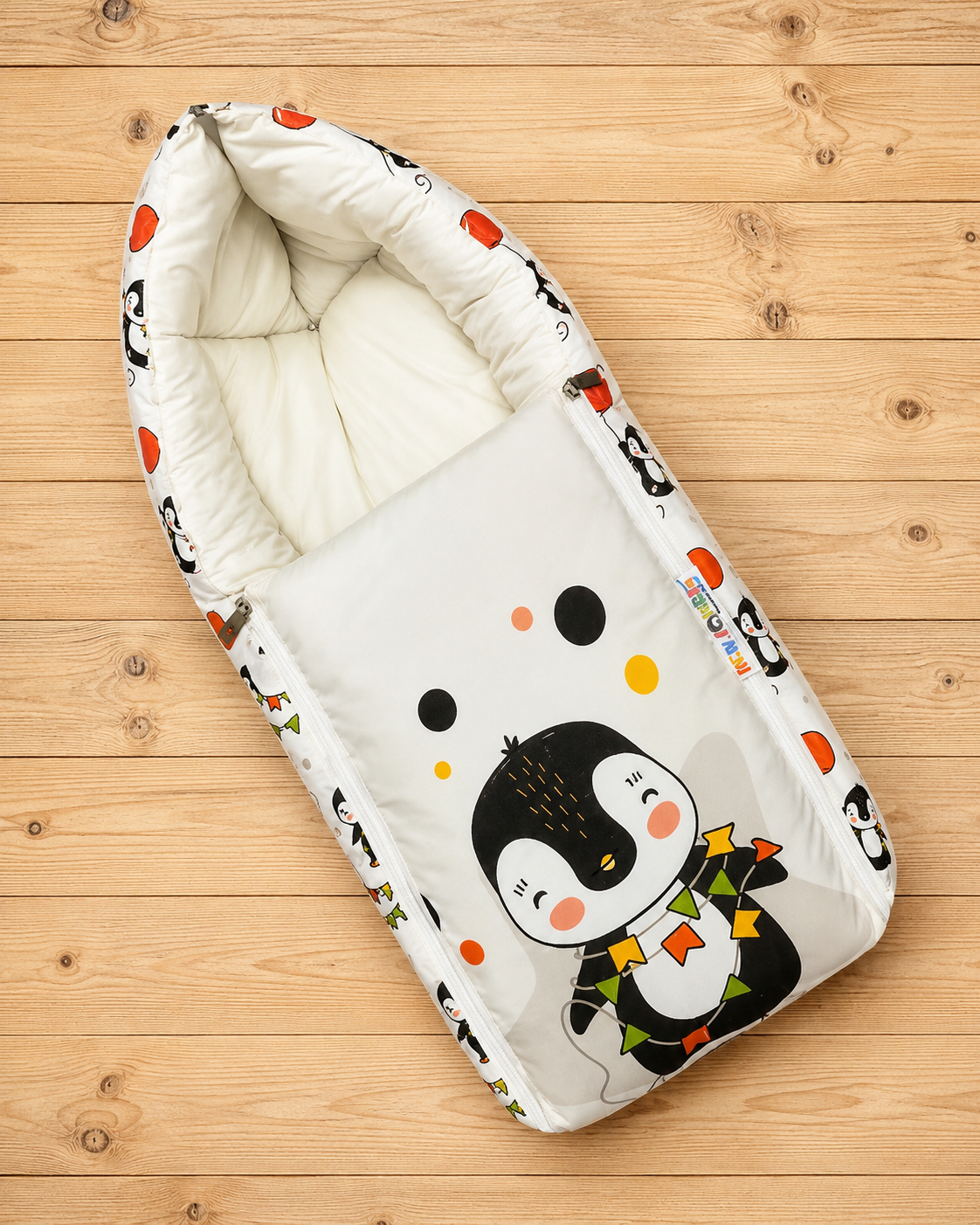 White and Off-White Cotton Baby Sleeping Bag with Hood and Zip