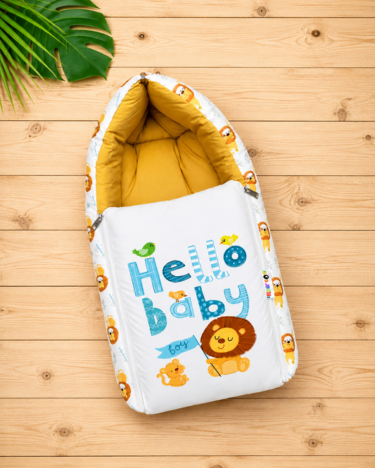 White and Mustard Yellow Cotton Baby Sleeping Bag with Hood and Zip