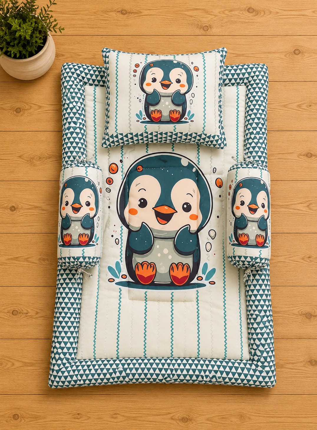 Teal and Cream Cotton Baby Bedding Set with Pillow and Bolsters