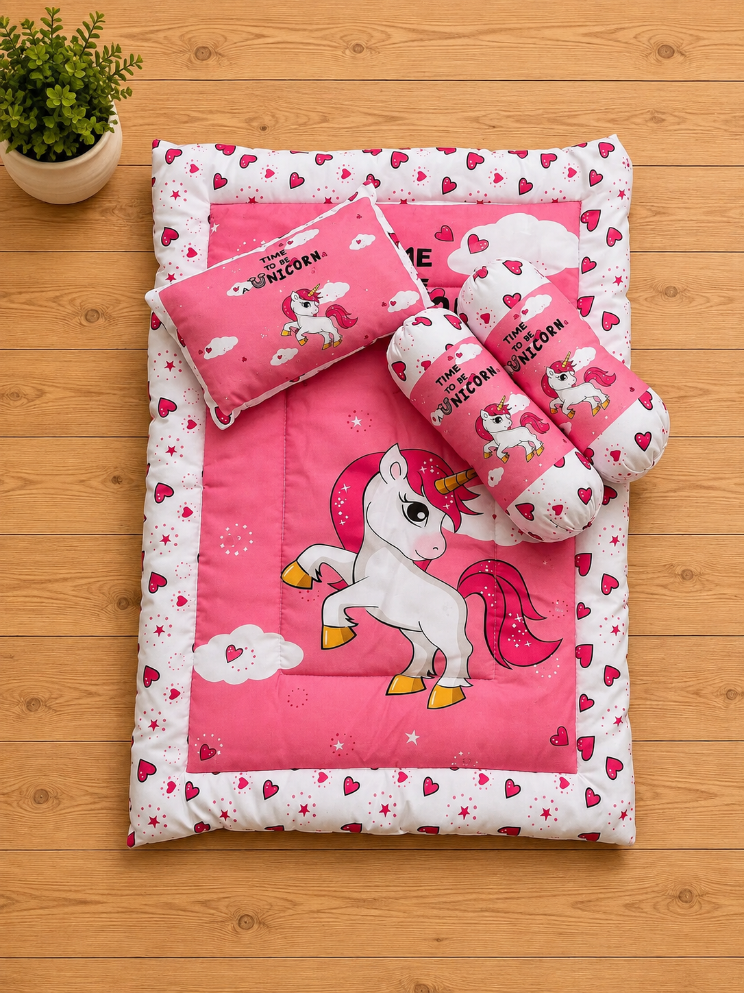Pink and White Cotton Baby Bedding Set with Pillow and Bolsters