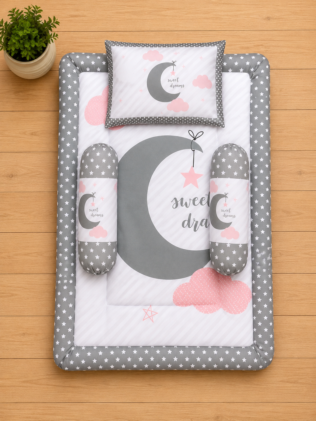 Grey and Pink Cotton Baby Bedding Set with Pillow and Bolsters