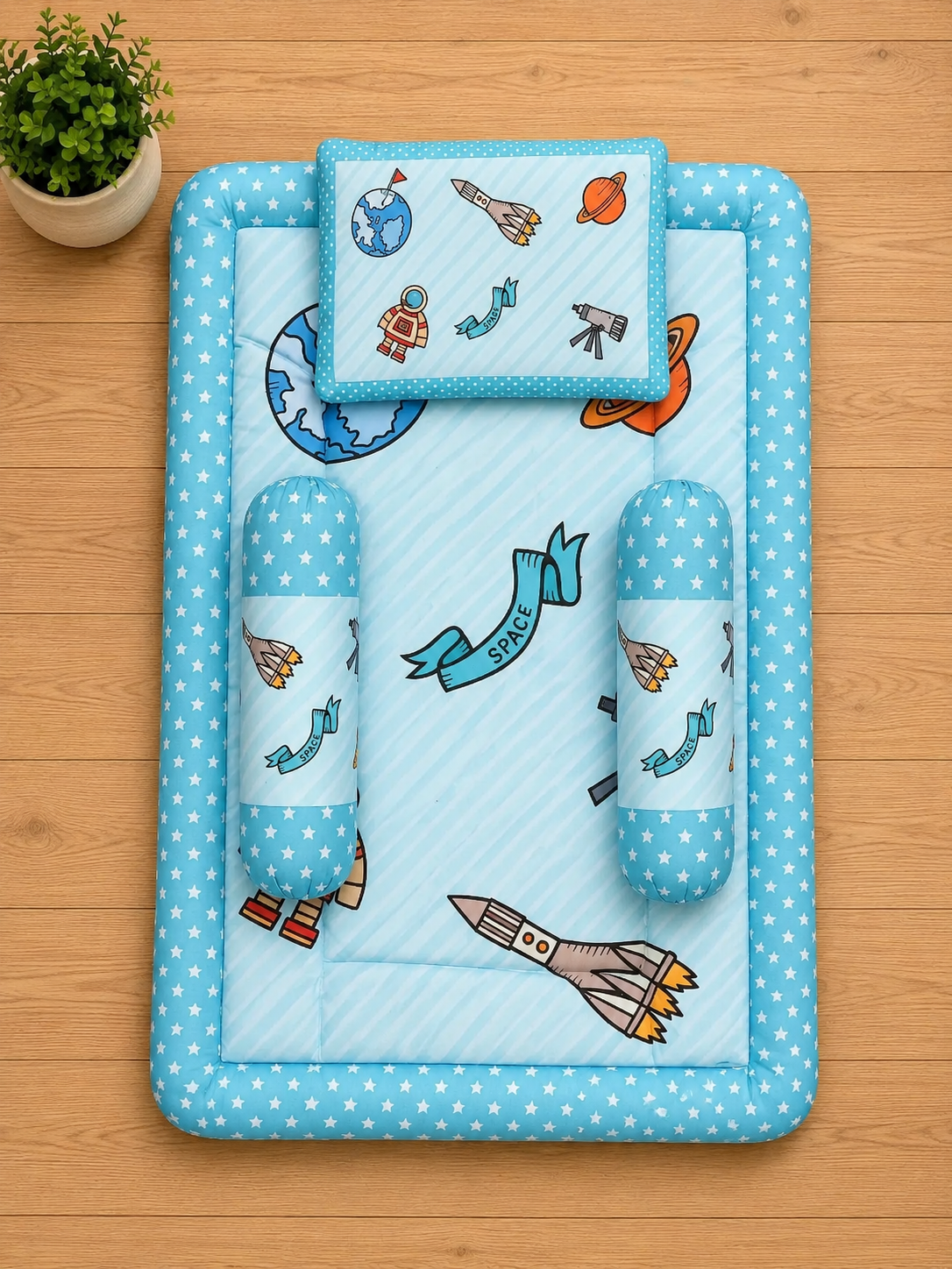 Aqua Blue and Light Blue Cotton Baby Bedding Set with Pillow and Bolsters