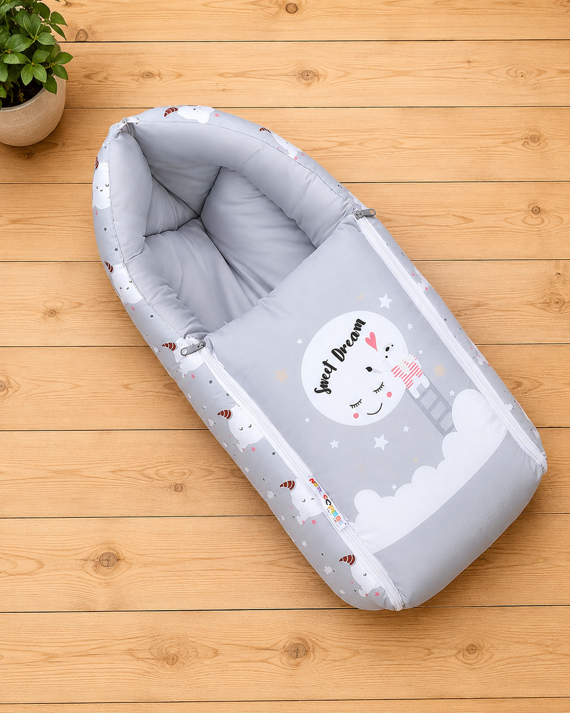 Light Grey Cotton Baby Sleeping Bag with Hood and Zip