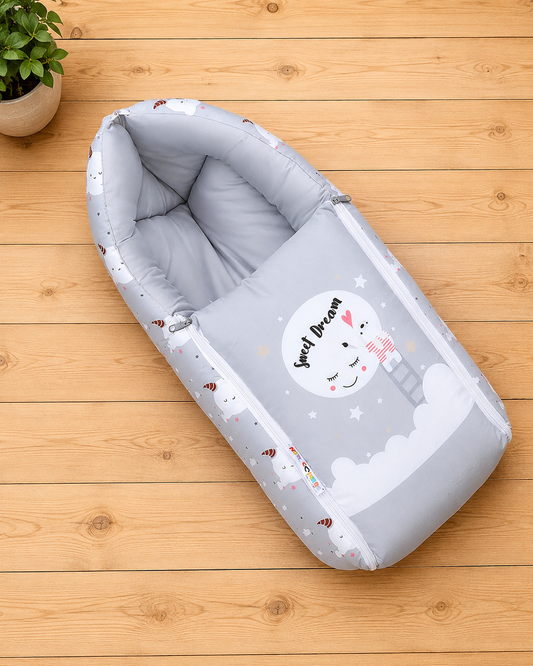 Light Grey Cotton Baby Sleeping Bag with Hood and Zip