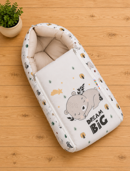 Off-White and Beige Cotton Baby Sleeping Bag with Hood and Zip