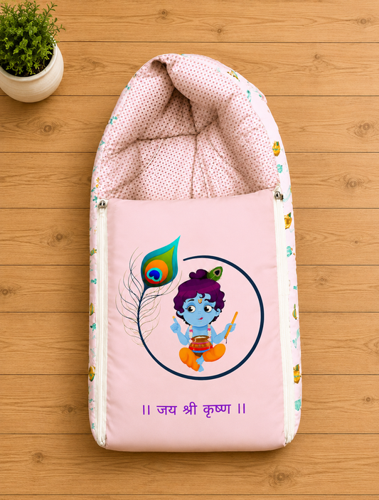 Off-White and Lavender Cotton Baby Sleeping Bag with Hood and Zip