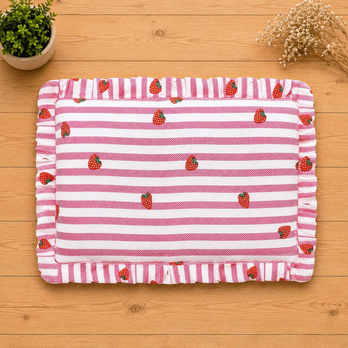 Red Strawberry and Stripe Print Cotton Mustard Seed Baby Pillow with Ruffled Border