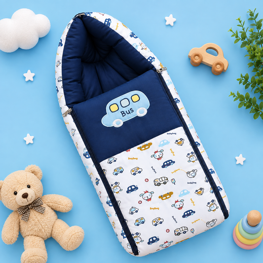 White and Navy Blue Cotton Baby Sleeping Bag with Hood and Zip
