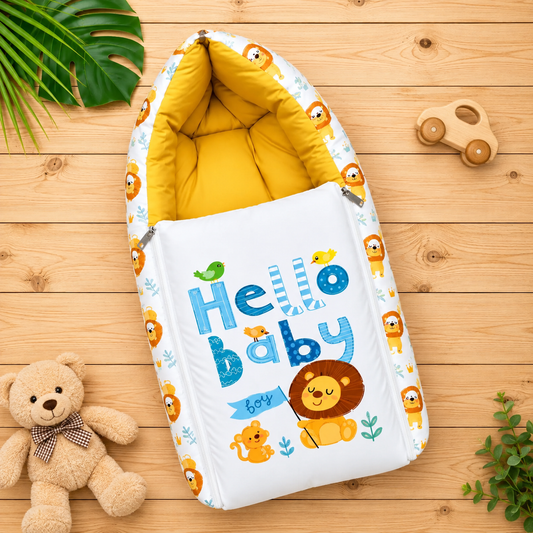 White and Mustard Yellow Cotton Baby Sleeping Bag with Hood and Zip