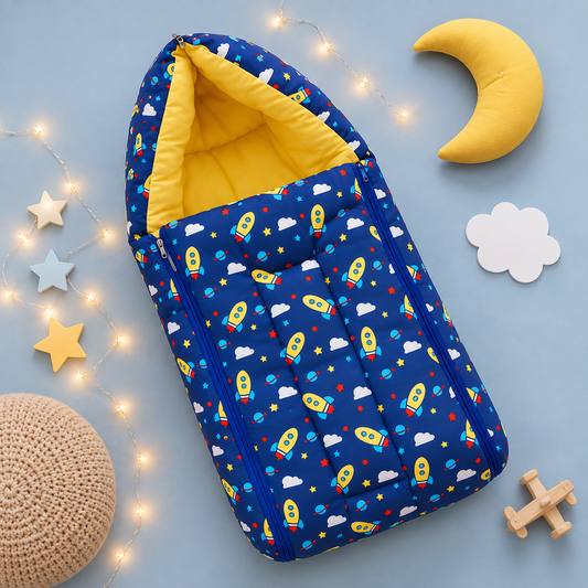 Blue Rocket Print Baby Sleeping Bag with Hood  and Zip