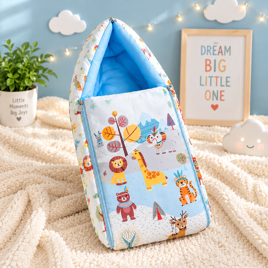 Blue Safari Print Baby Carry Nest Baby Sleeping Bag with Hood and Zip