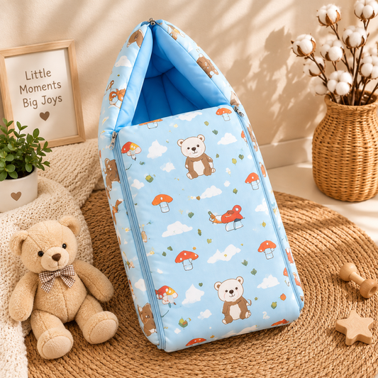 Blue Teddy Bear Mushroom Sleeping Bag with Hood and Zip