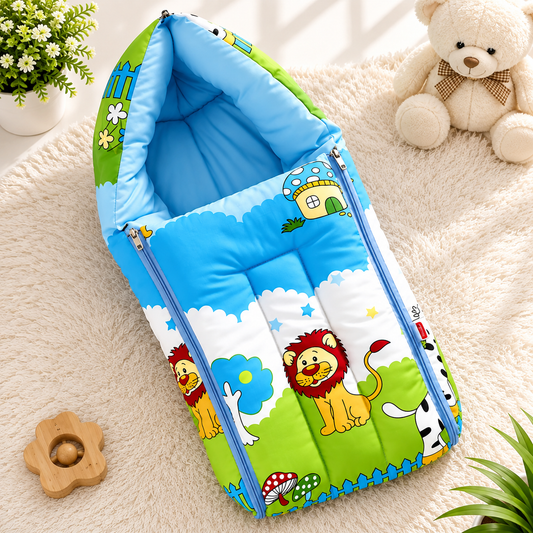 Blue and Green Cotton Baby Sleeping Bag with Hood and Zip