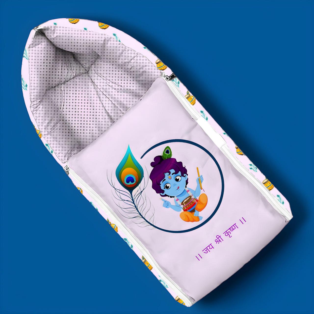 Off-White and Lavender Cotton Baby Sleeping Bag with Hood and Zip