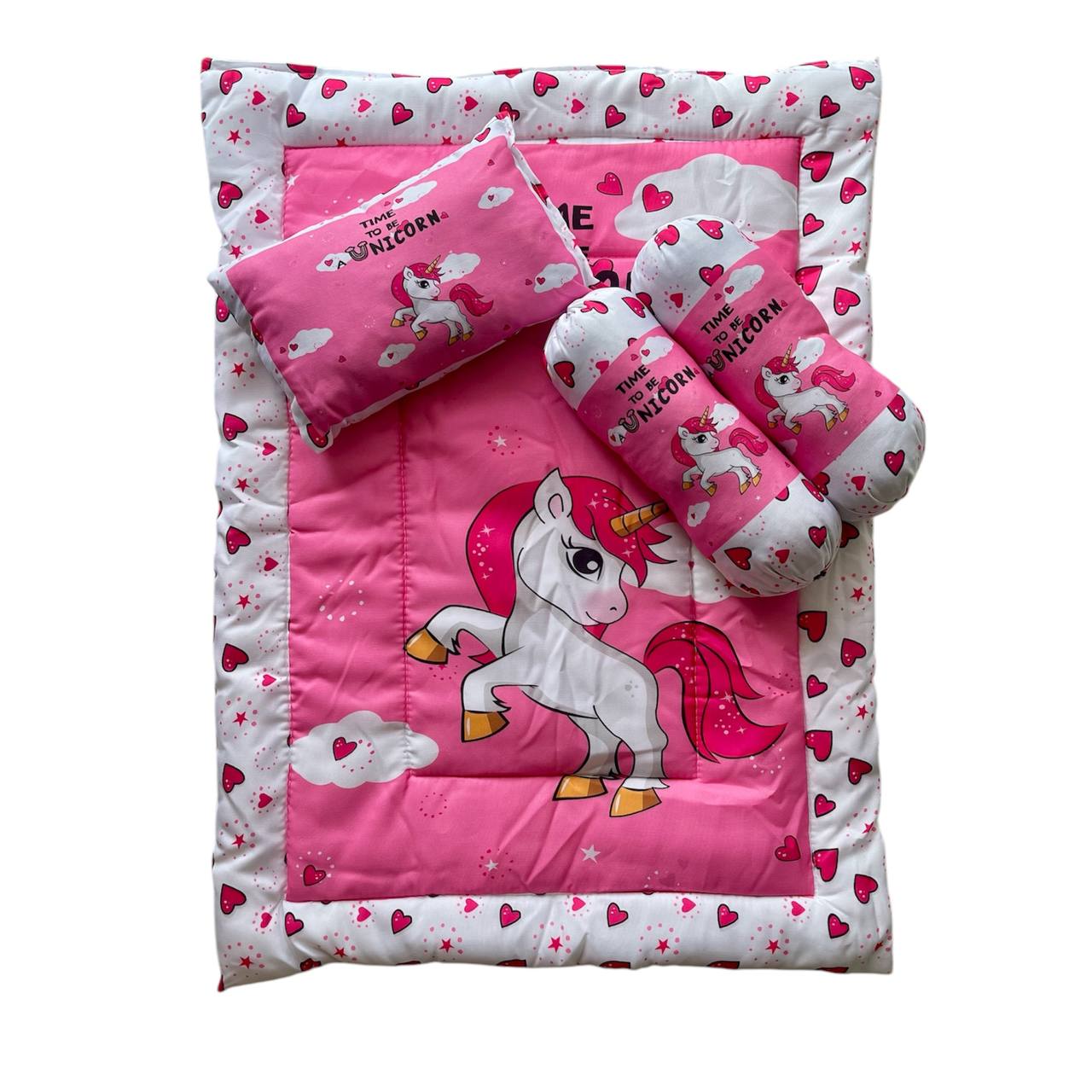 Pink and White Cotton Baby Bedding Set with Pillow and Bolsters