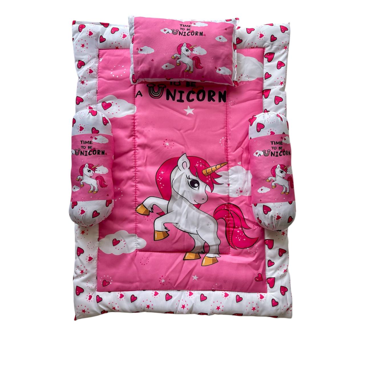 Pink and White Cotton Baby Bedding Set with Pillow and Bolsters