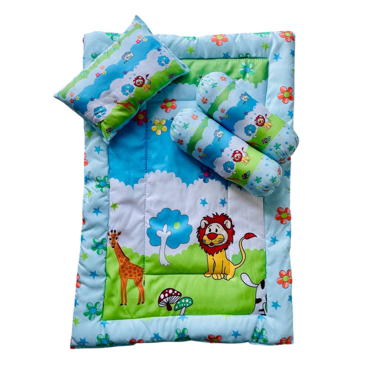 Blue and Green Cotton Baby Bedding Set with Pillow and Bolsters