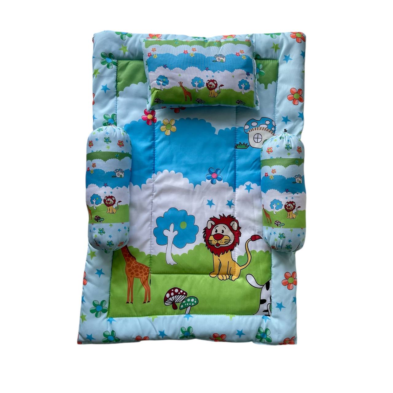Blue and Green Cotton Baby Bedding Set with Pillow and Bolsters