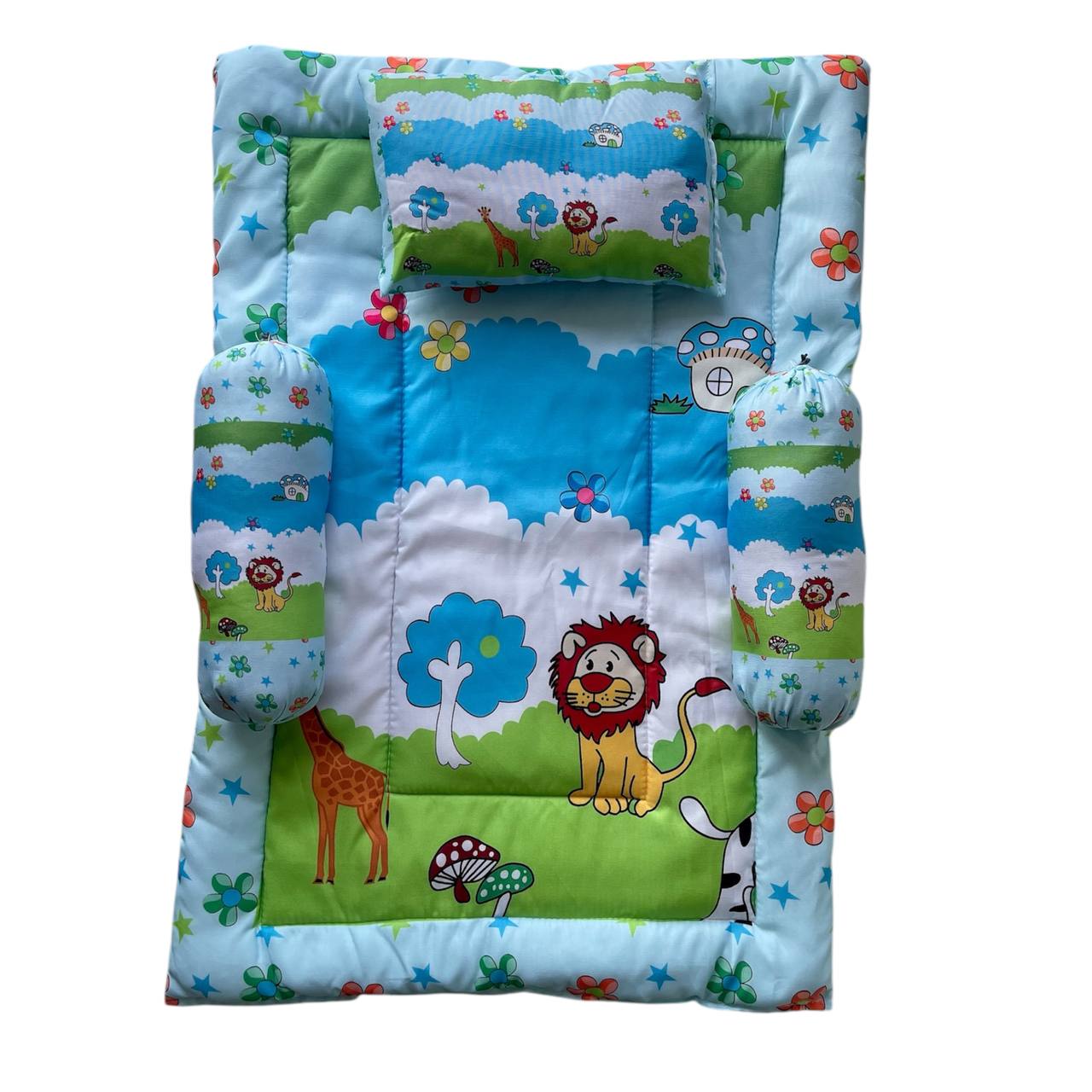 Blue and Green Cotton Baby Bedding Set with Pillow and Bolsters