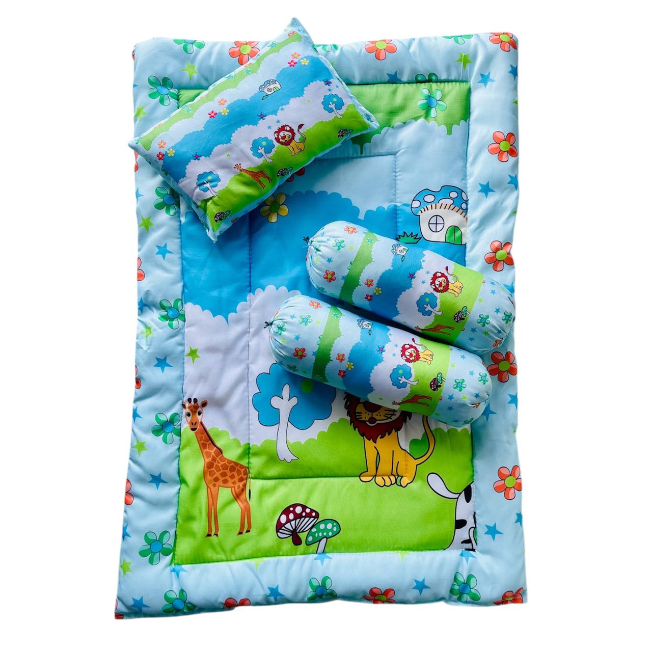 Blue and Green Cotton Baby Bedding Set with Pillow and Bolsters