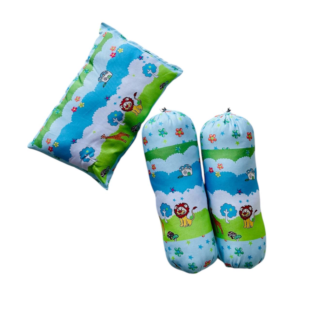 Blue and Green Cotton Baby Bedding Set with Pillow and Bolsters