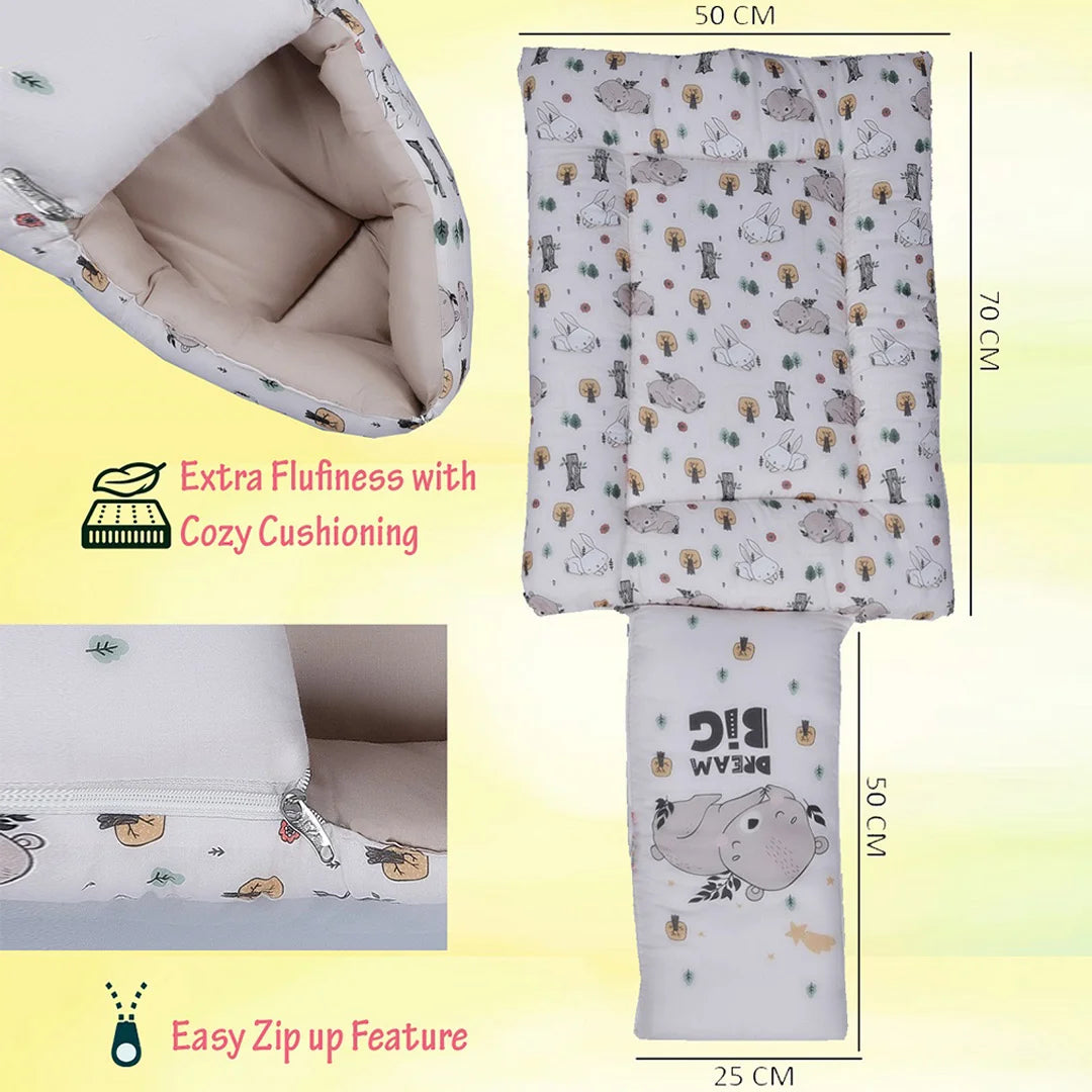 Off-White and Beige Cotton Baby Sleeping Bag with Hood and Zip