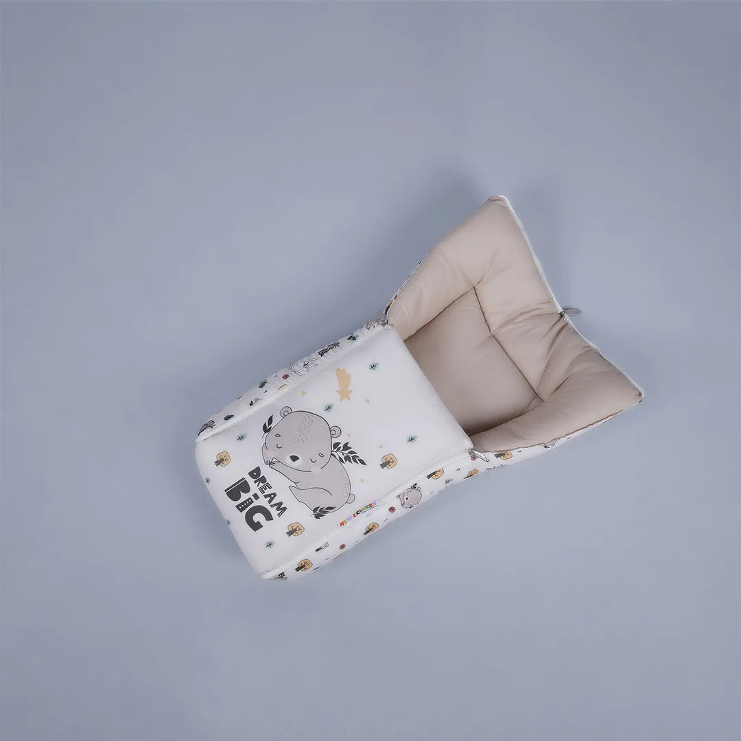 Off-White and Beige Cotton Baby Sleeping Bag with Hood and Zip