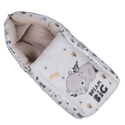 Off-White and Beige Cotton Baby Sleeping Bag with Hood and Zip