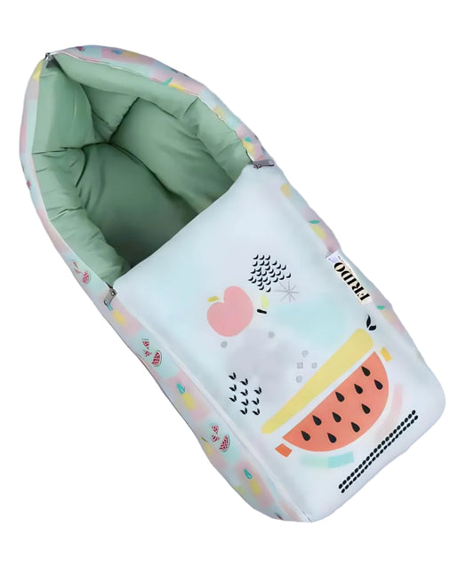 White and Sage Green Cotton Baby Sleeping Bag with Hood and Zip