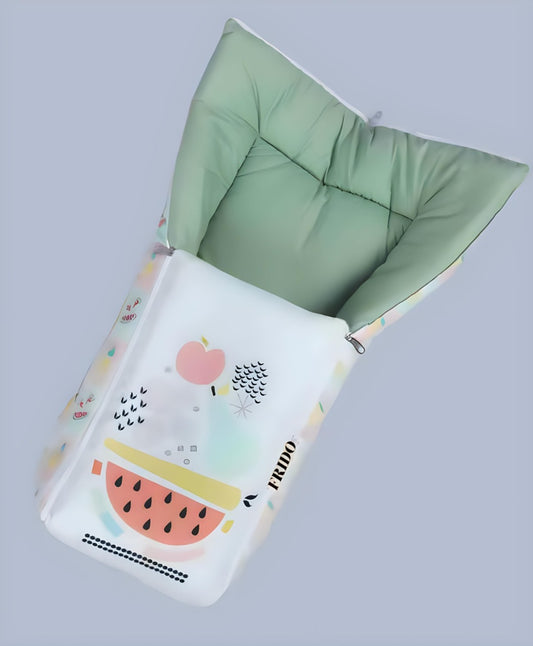 White and Sage Green Cotton Baby Sleeping Bag with Hood and Zip