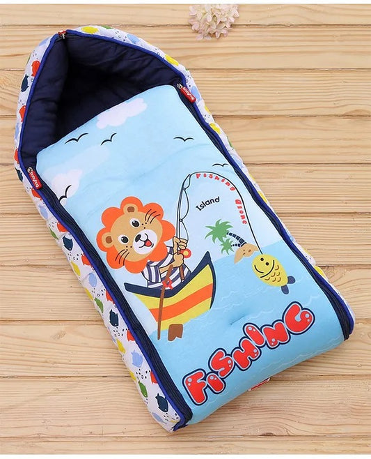 Light Blue and Navy Blue Cotton Baby Sleeping Bag with Hood and Zip